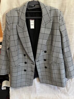 Express Black & White Plaid Double-Breasted Blazer